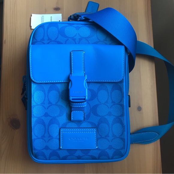 🥰 COACH Track Pack In Signature Canvas Gunmetal/Bright Blue - Picture 11 of 12